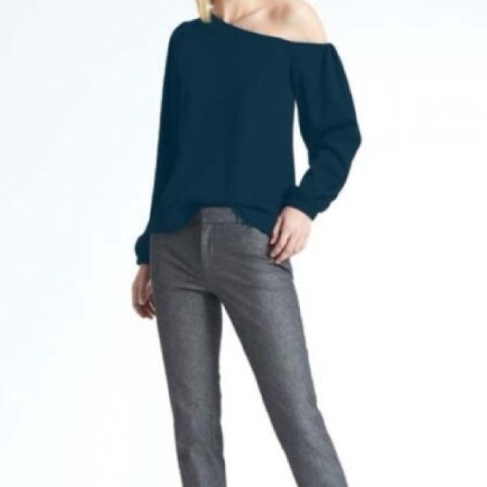 Banana Republic Navy Blue Asymmetrical Neck Balloon Sleeve Blouse